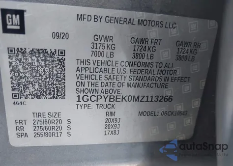 2021 Chevrolet Silverado 1500 4Wd Short Bed Custom z USA, uszkodzony, nr VIN 1GCPYBEK0MZ113266